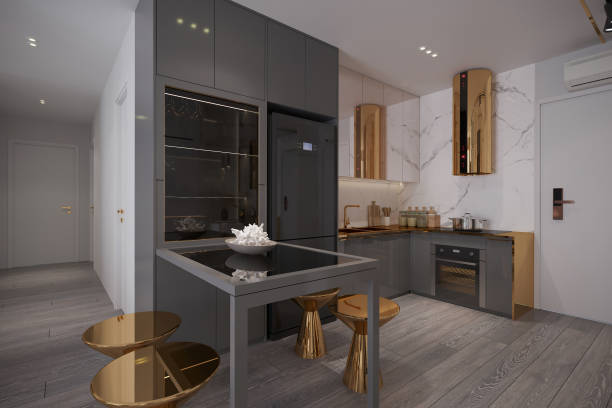 istock Dark gray home kitchen interior eating table with golden stainless stools and kitchen appliances. 2157389004