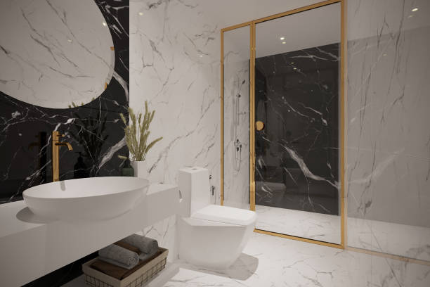 istock A modern bathroom interior featuring a white bathtub with golden accents that seamlessly blend in. 2157389526