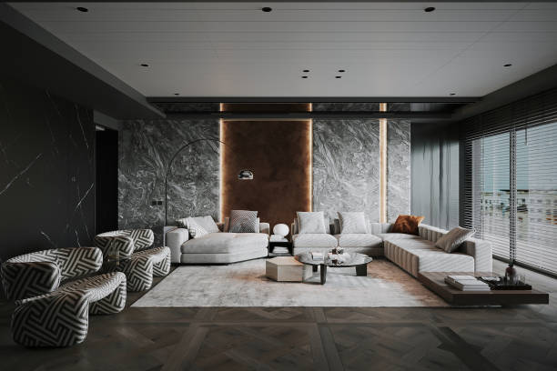 istock A spacious lounge area equipped with a large screen and sofa. 2157389531