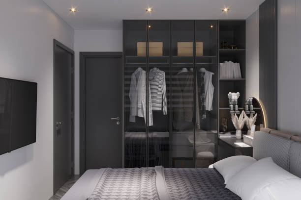 istock Big comfortable double royal bed in an elegant classic interior, with a wall-through wardrobe. 2157389537