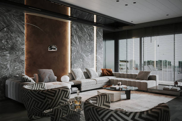 istock Minimalist urban lounge, concrete wall, simple design. Stylish 3D rendering. Concept of contemporary interior aesthetics. 2157389593