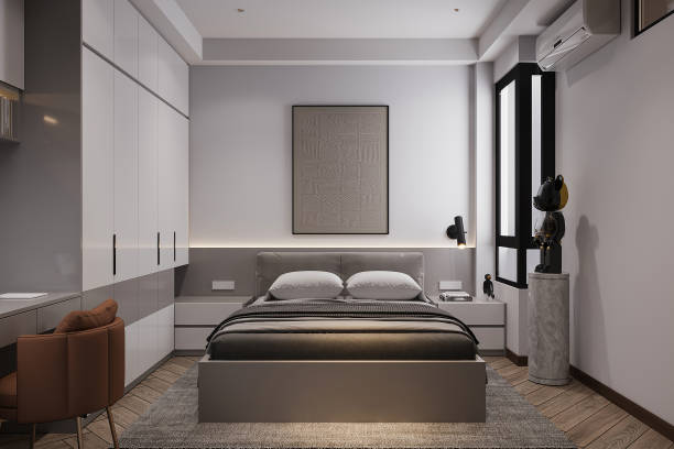 istock 3D rendering, clean and tidy Nordic style bedroom design 2157389659