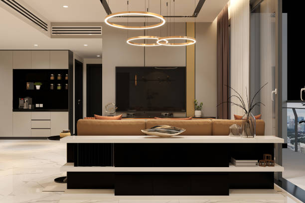 istock A contemporary kitchen with a statement chandelier and open shelving 2157389670