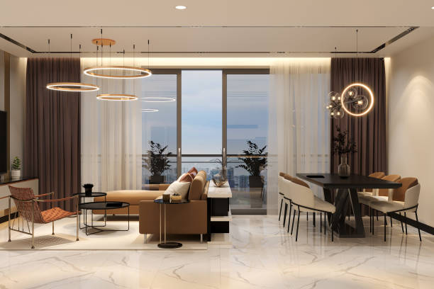 istock dining room, modern living room, Worn mirrored living room, aged mirrored dining table, spacious interior design 2157389714