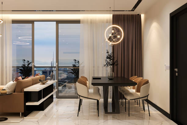 istock Luxury and beautiful dining room interior design. 3d rendering 2157389741