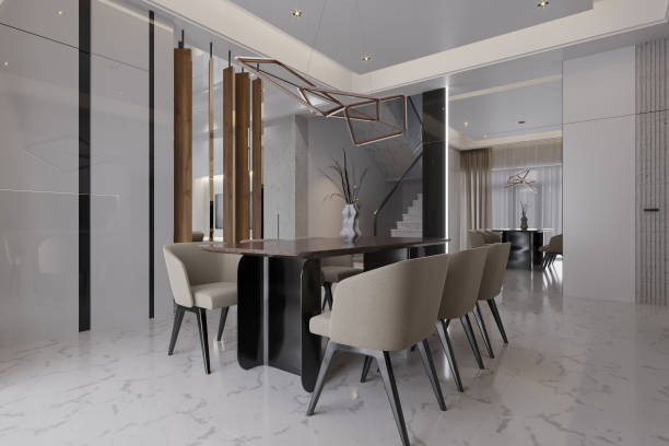 istock Modern white and beige large luxurious dining area and dining table in an apartment 2157389760
