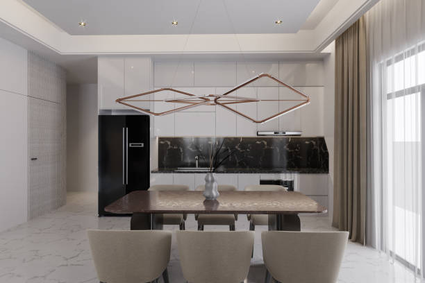 istock Modern white and beige large luxurious kitchen and dining table in an apartment 2157389765