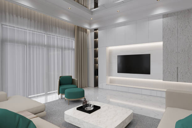 istock white corner couch with pillows standing in bright living room interior with painting and carpet. 2157389788