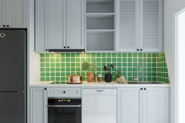 istock Minimalist interior in the kitchen with white cabinet and cupboard. 2157389809