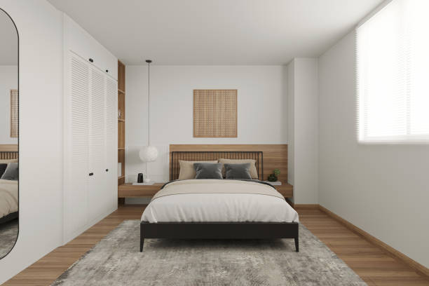 istock 3d rendering bright minimal bedroom with gray and brown pillows. 2157389829