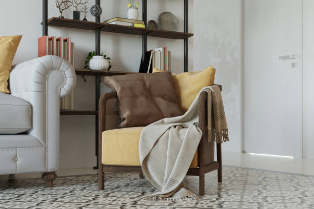 istock Boho chic living room with rattan chairs, cushions. 2157389845