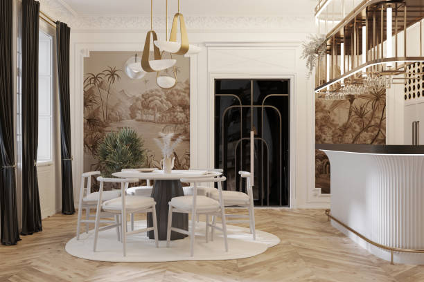 istock Interior of a luxurious dining room, White dining table, wall mockup paint, designer entry door. 2157389884