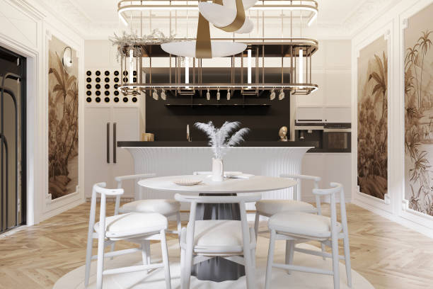 istock Interior of a luxurious dining room, White dining table, White countertop, lighting 2157389905