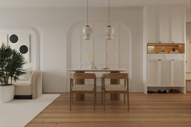 istock White and wooden dining table with chairs 2157389946