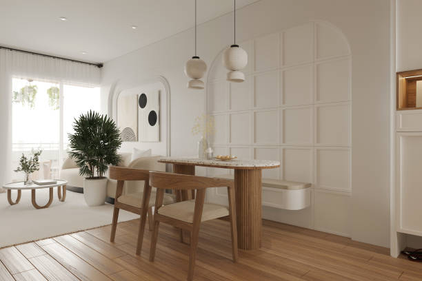 istock White furniture with utensils and dinner table with chairs in Scandinavian style 2157389949