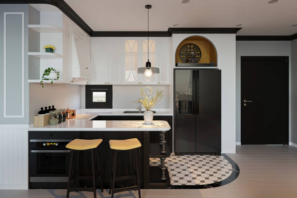 istock Contemporary chic open kitchen with white island and countertop, White Kitchen cabinet, fridge, also kitchen appliances. 2157389984