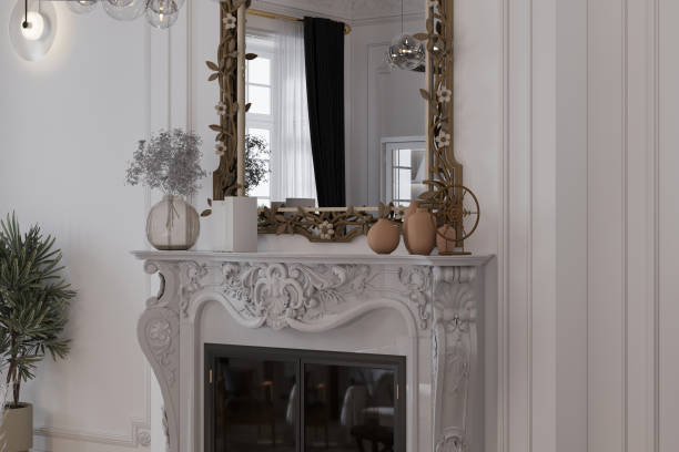 istock Luxurious apartment with a white background contemporary design, designing mirror on the wall, fireplace in the living room. 2157389995