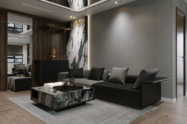 istock Dark living room in loft style, Black sofa against gray wall. 2157390352