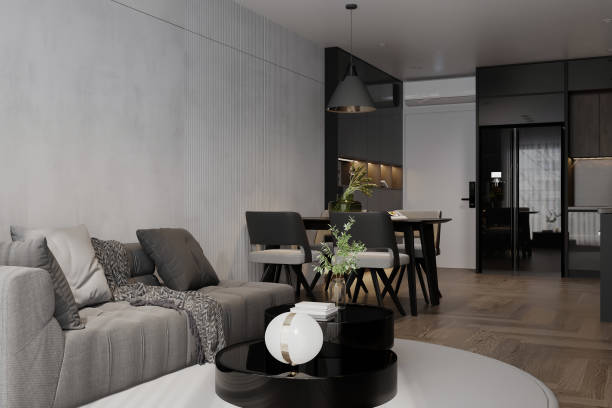 istock Indoor living room with a domestic setting depicted through 3D renderings 2157390354