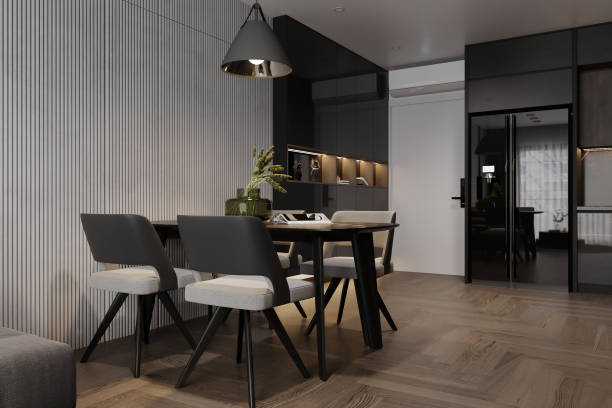 istock modern dinning room interior with black and gray chairs. 2157390406