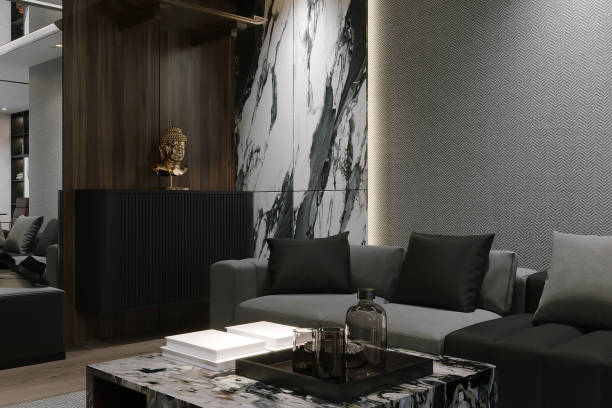 istock Modern interior design backdrop with minimalist decor, sleek furniture 2157390423