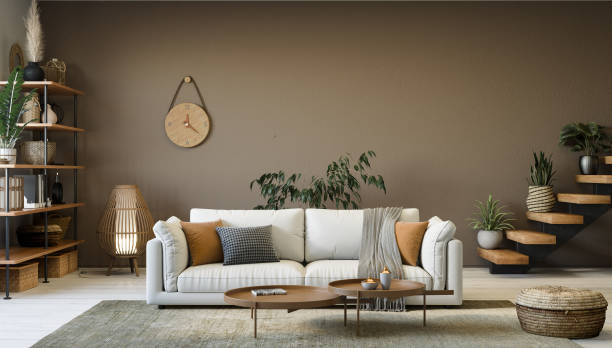 istock Interior design of modern apartment with racks and comfortable white sofa, 3d render 2157391159