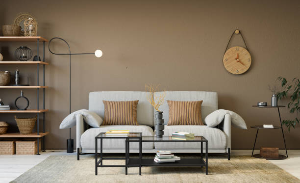 istock Interior design of modern apartment with racks and comfortable white sofa, 3d render 2157391161