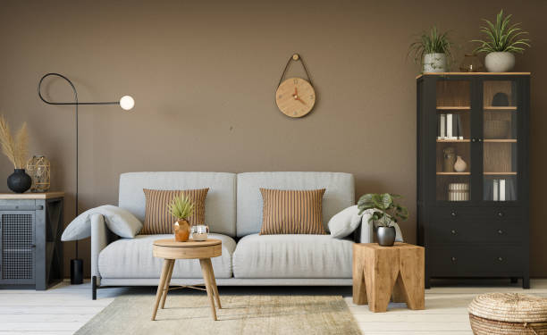 istock Interior design of modern apartment with racks and comfortable white sofa, 3d render 2157391172