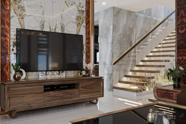 istock Modern open-concept home interior living room with floating stairs 2157391403