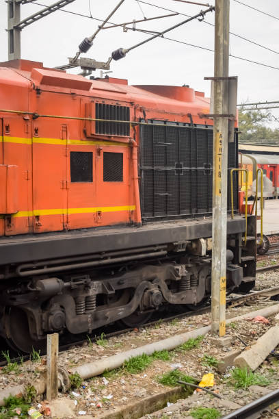 Amritsar, India, May 03 2024 - Indian train electric locomotive engine at Amritsar railway station during the day time, Amritsar Shatabdi train electrical locomotive engine