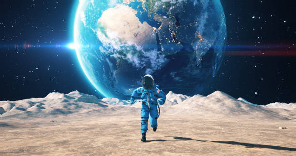 Brave Astronaut Running On The Surface Of The Satellite Moon Among Craters. Planet Earth Is Visible In Sky.World Map Credits To NASA : https://visibleearth.nasa.gov/images/57752/blue-marble-land-surface-shallow-water-and-shaded-topography