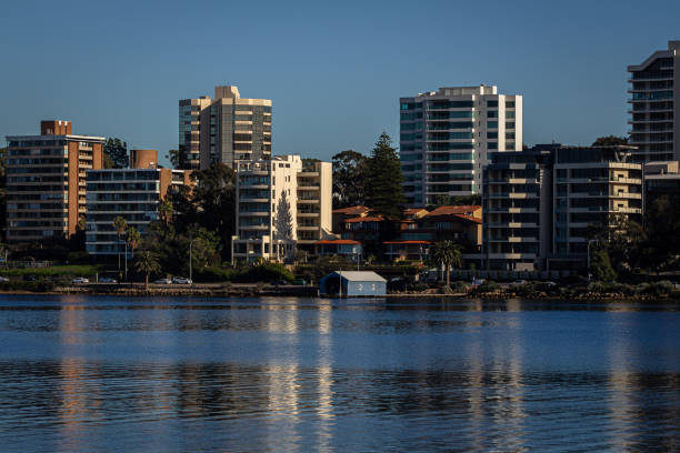 Buildings on Perth river bank at sunrise