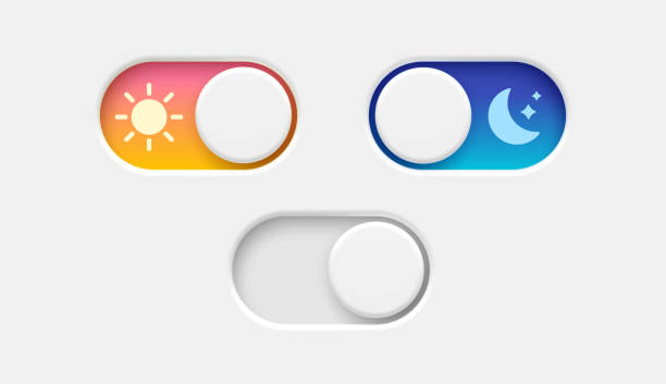 illustrations, cliparts, dessins animés et icônes de boutons d’interrupteur à bascule marche et désactivation. bouton de changement de mode jour et nuit. mode sombre, mode clair. ensemble de boutons de commutation material design. illustration vectorielle. - allumer ou éteindre