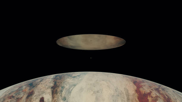UFO silver spaceship Jupiter gas giant largest planet vortex swirls orbit 3d illustration render digital rendering