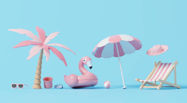 istock 3D render, Minimal cute summer elements include of inflatable flamingo, beach umbrella, chair, sunglasses and tree on blue background, decorative icon for summer season. 2157400787