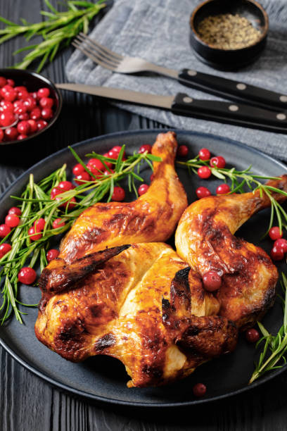 istock butterflied, spatchcock roast chicken on a plate 2157403589