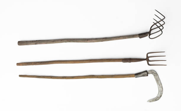 old pitchfork, scythe and rake isolated on white background