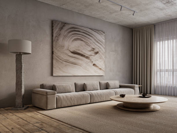 Loft interior with big sofa, coffee table, carpet, big canvas and decor. 3d render illustration mockup.