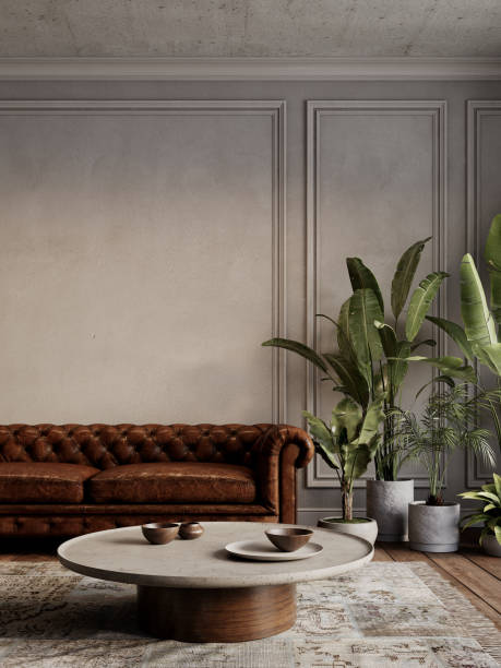 istock Gray beige loft interior with leather brown sofa, plants, coffee table and decor. 3d render illustration mockup. 2157415376
