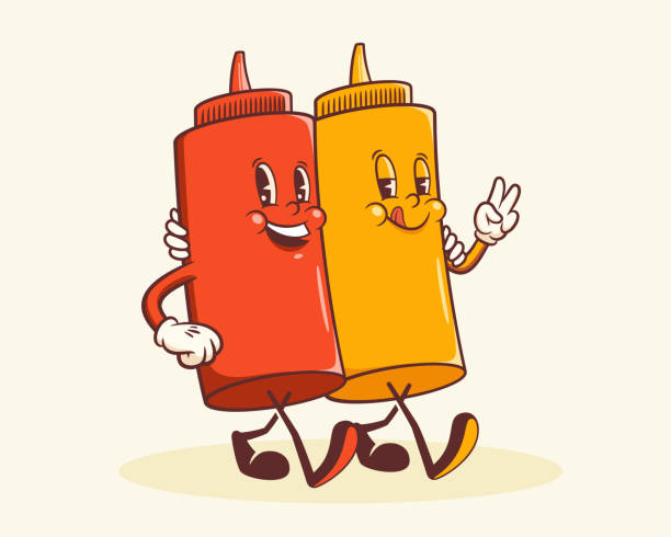 метки ретро-персонажей groovy hotdog. мультяшная колбаса и бутылка горчицы ходьба улыбающийся векторный шаблон талисмана еды. счастливый винтаж - хот дог stock illustrations