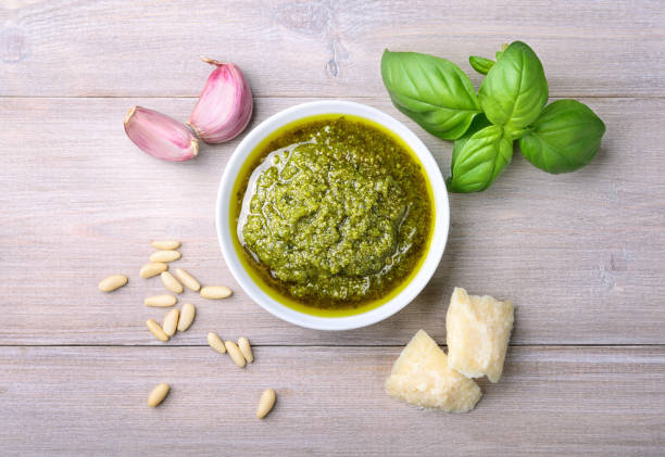 istock Genoese pesto and ingredients, Top view. 2157416752