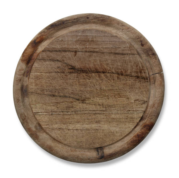 istock Wooden round cutting Board on white background. top view 2157421046