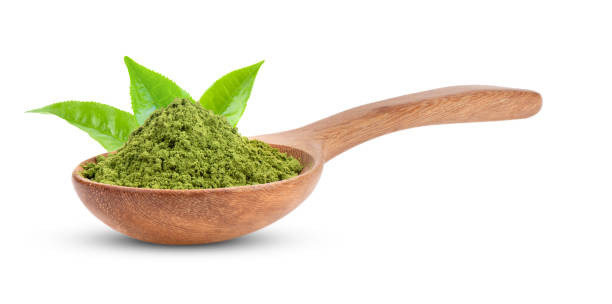 istock matcha green tea powder in wood spoon on white background 2157428500