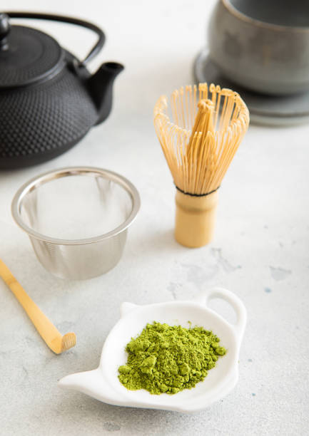 istock Matcha green tea powder with bamboo spoon and whisk in ceramic bowl with iron kettle on white background. 2157430718