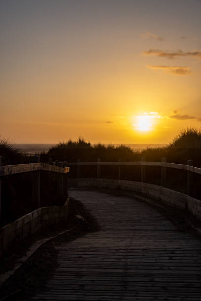 istock Looking along a wooden boardwalk leading through marram grass covered sand dunes, at sunset 2157432875