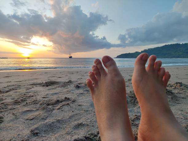 istock Women's legs on the beach at sunset. 2157433357