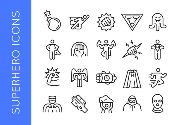 Superhero icons. Set of 20 superhero trendy minimal icons. Example: Bomb, Flying, Fist, Mask, Cape icon. Design signs for web page, mobile app, packaging design. Vector illustration