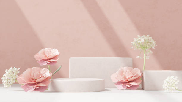 istock Background featuring an empty product display mockup with a pink backdrop and abstract geometric platforms designed for showcasing merchandise in landscape orientation. 2157435795