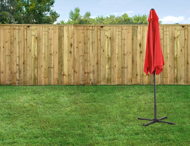 istock Empty backyard with green grass and wood fence 2157442108