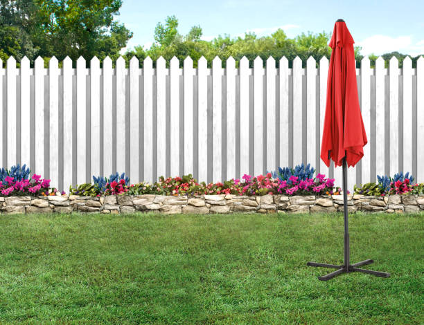 istock Empty backyard with green grass and wood fence 2157442112